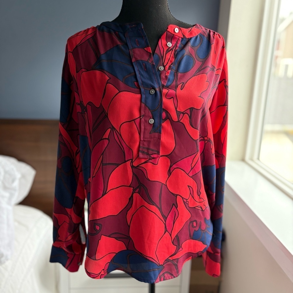 LOFT Red and Blue Floral Blouse